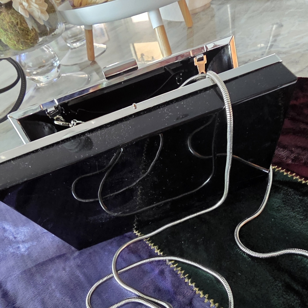 Black Clutch with Silver Chain Acrylic Rachel Zoe